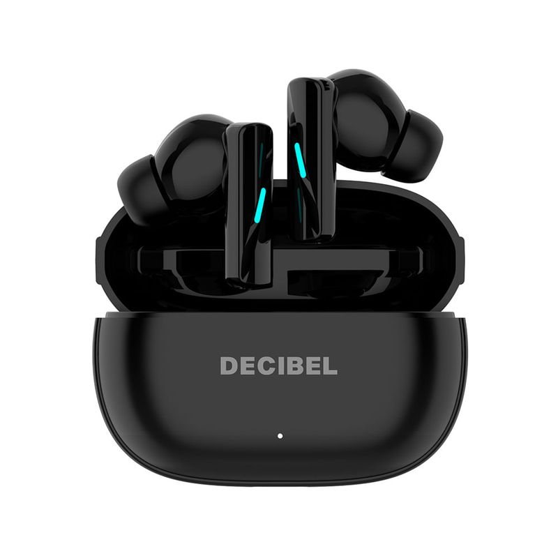 Audífonos bluetooth True Wireless Decibel Lite resistencia al agua IPX4 negro vista frontal estuche de carga abierto con audífonos