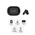 Audífonos bluetooth True Wireless Decibel Lite resistencia al agua IPX4 negro vista frontal características destacadas