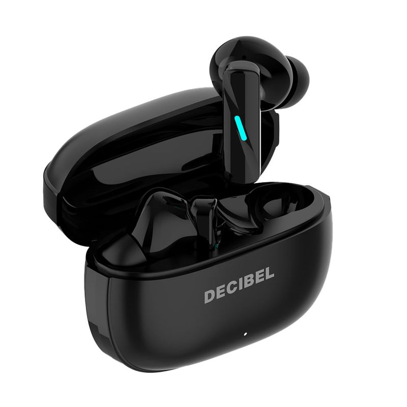 Audífonos bluetooth True Wireless Decibel Lite resistencia al agua IPX4 negro vista perspectiva estuche de carga abierto