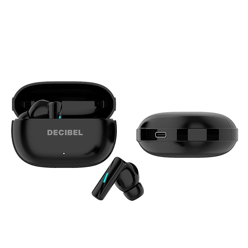 Audífonos bluetooth True Wireless Decibel Lite resistencia al agua IPX4 negro vista superior estuche de carga abierto con audífonos
