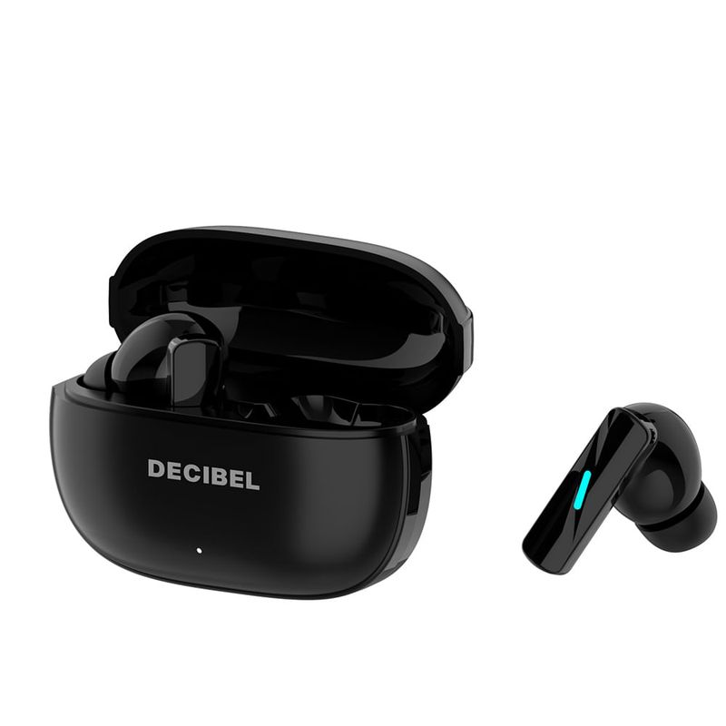 Audífonos bluetooth True Wireless Decibel Lite resistencia al agua IPX4 negro vista diagonal estuche de carga abierto con audífono