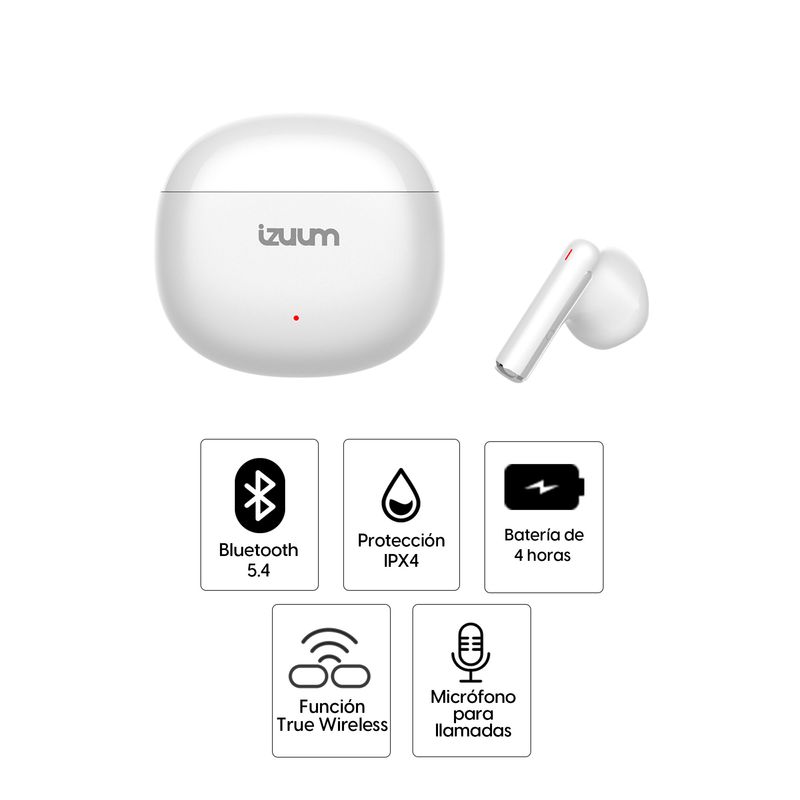 Audífonos Izuum Pods TWS IPX4 con estuche blanco especificaciones