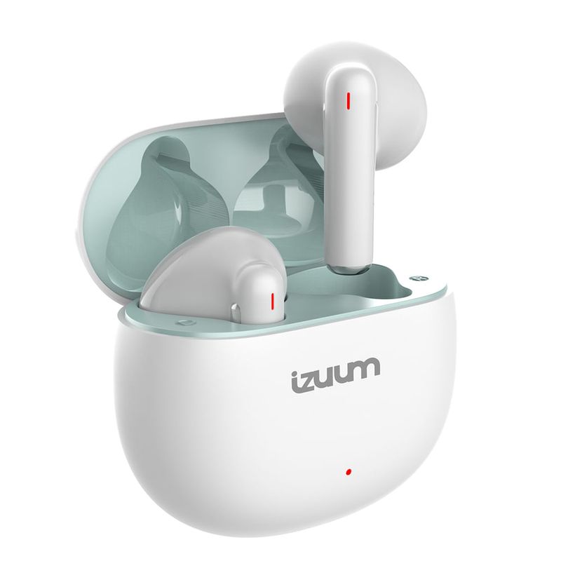 Audífonos Izuum Pods TWS IPX4 con estuche blanco vista frontal oblicua
