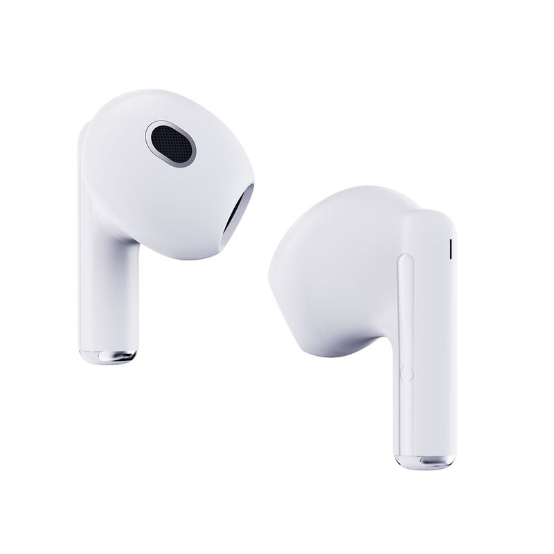 Audífonos Izuum Pods TWS IPX4 con estuche blanco vista frontal oblicua