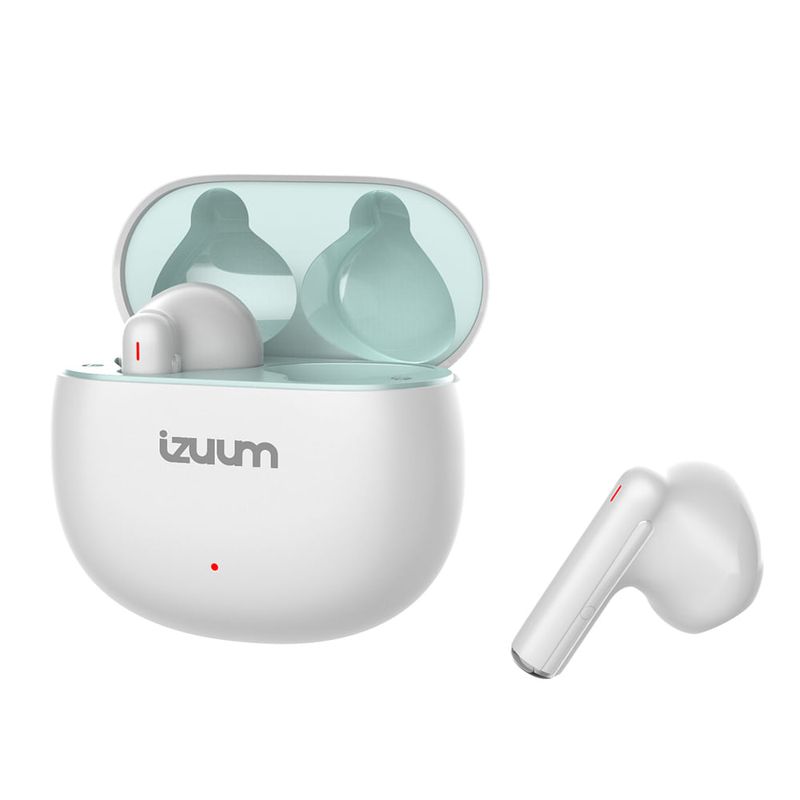 Audífonos Izuum Pods TWS IPX4 con estuche blanco vista frontal oblicua