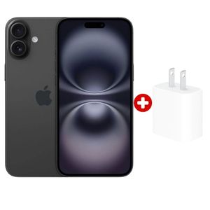 iPhone 16 5G 128GB, 8GB RAM, cámara trasera 48MP y frontal 12MP, 6.1", negro + cargador 20W