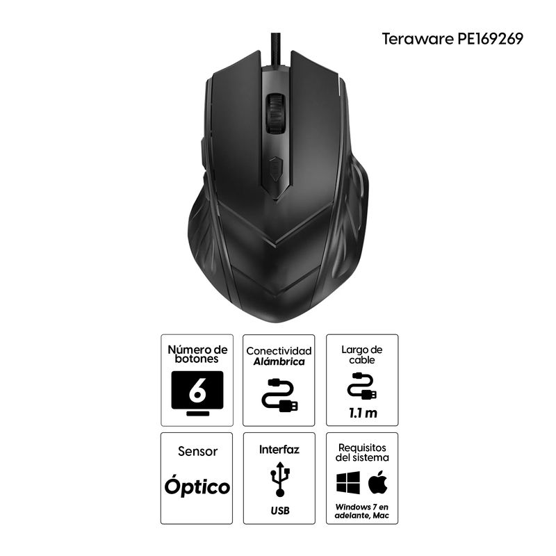 Mouse alámbrico Coolbox Teraware PE169269 ergonómico botones negro especificaciones fondo blanco