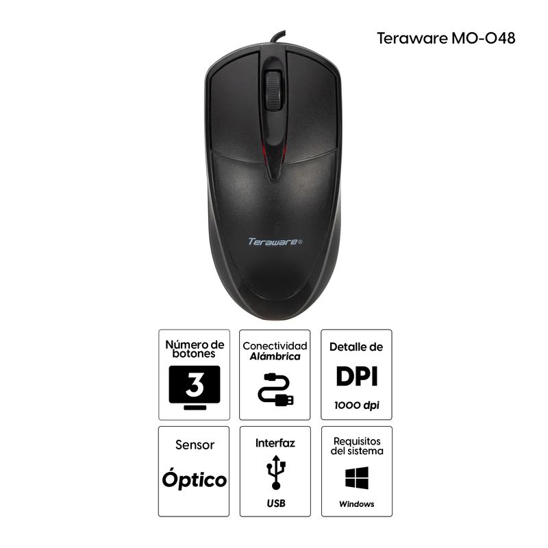 Mouse alámbrico Coolbox Teraware MO-048 conexión USB negro especificaciones fondo blanco