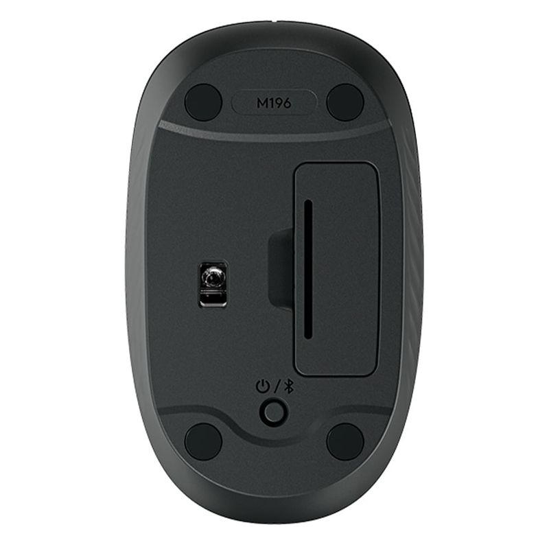Mouse inalámbrico Logitech M196 diseño ambidiestro compacto color grafito ventral compartimento de pila fondo blanco