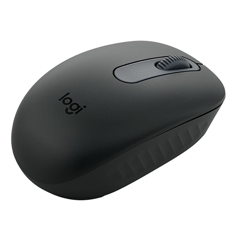 Mouse inalámbrico Logitech M196 ambidiestro compacto color grafito vista dorsal oblicua posterior fondo blanco