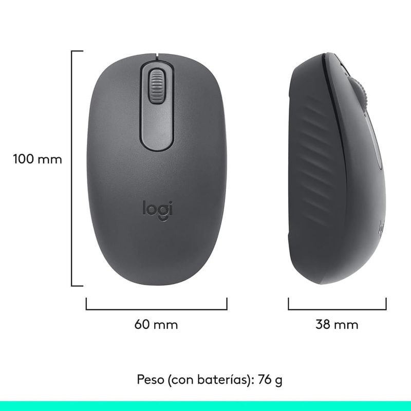 Mouse inalámbrico Logitech M196 ambidiestro compacto color grafito dimensiones y peso fondo blanco