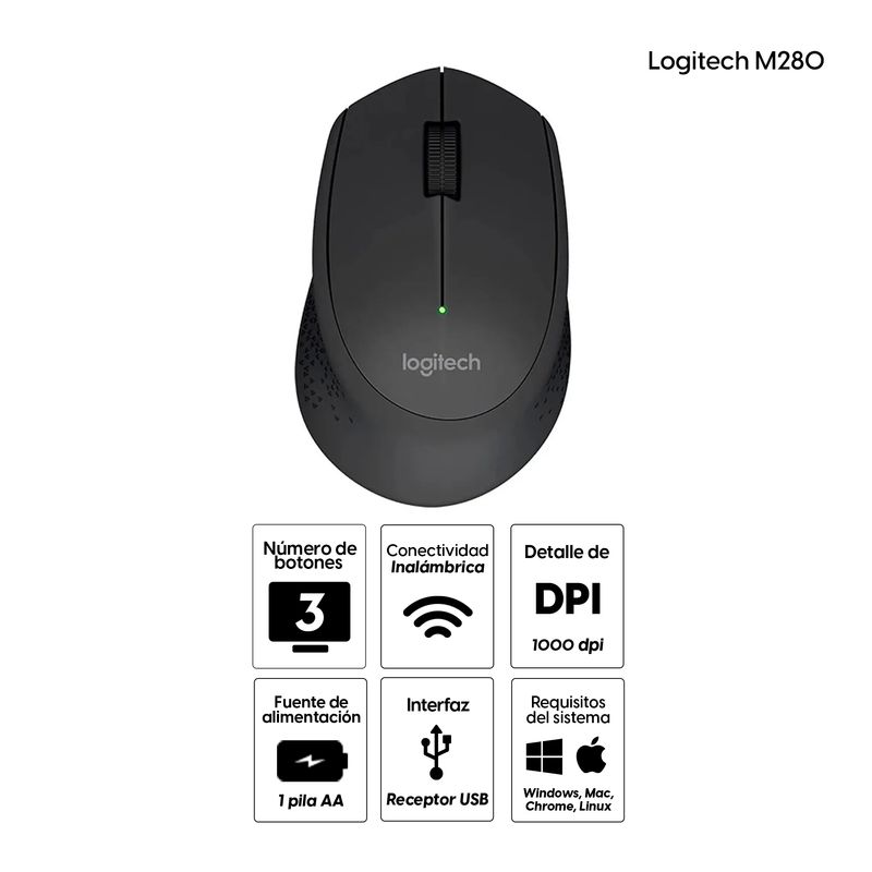 Mouse inalámbrico Logitech M280 USB 1000 DPI 3 botones negro Especificaciones