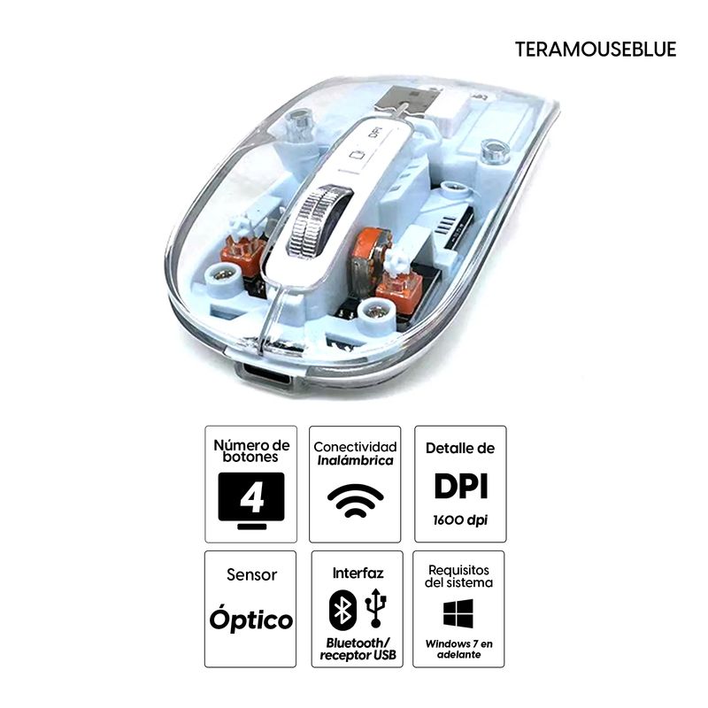 Mouse inalámbrico Coolbox Teraware TERAMOUSEBLUE Bluetooth azul recargable vista frontal especificaciones destacadas