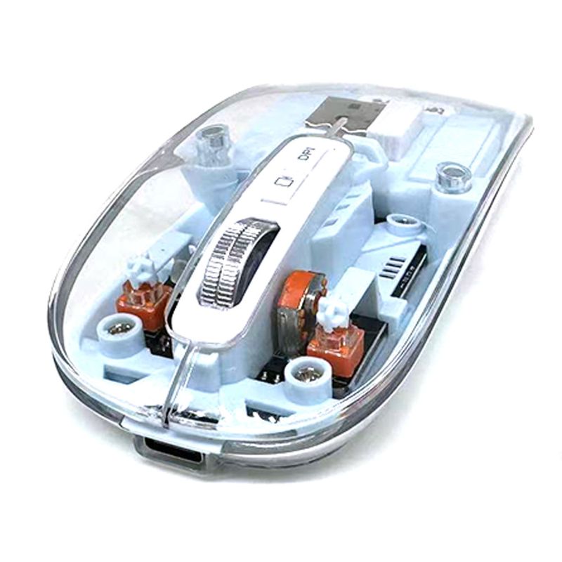 Mouse inalámbrico Coolbox Teraware TERAMOUSEBLUE Bluetooth azul recargable vista perspectiva inferior componentes internos visibles