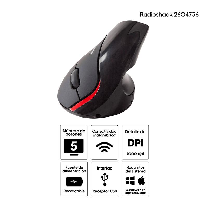 Mouse inalámbrico vertical Radioshack receptor USB 1000 DPI 5 botones negro Especificaciones