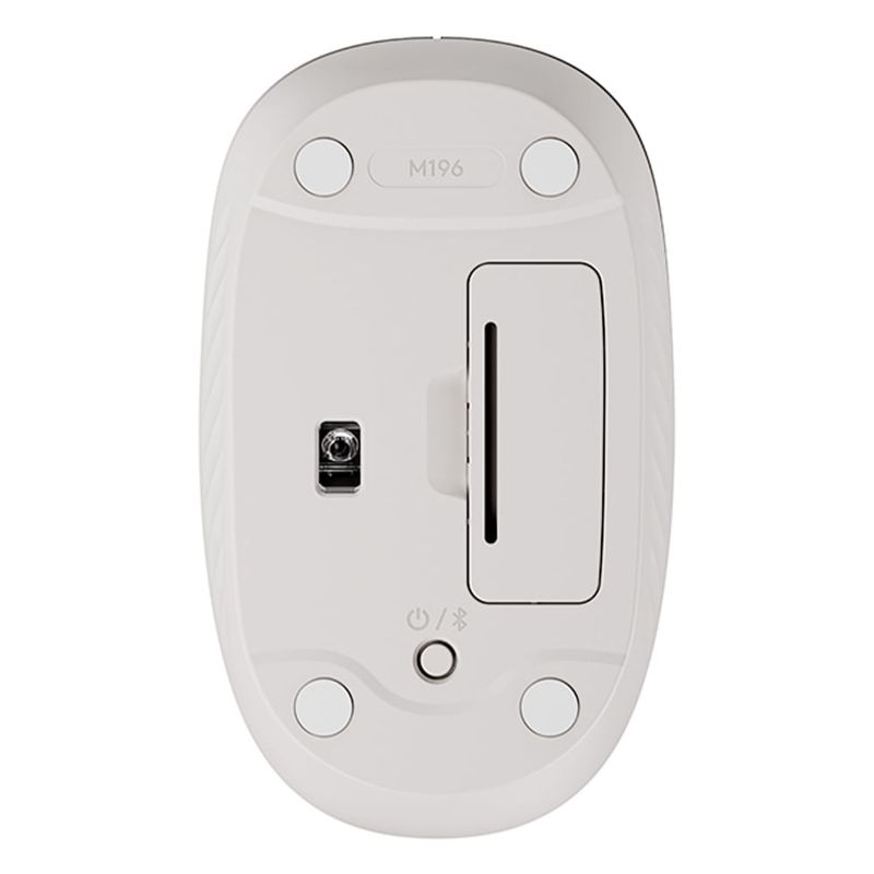 Mouse inalámbrico Logitech M196 Bluetooth 1000 dpi blanco vista inferior compartimento de pila AA y sensor óptico