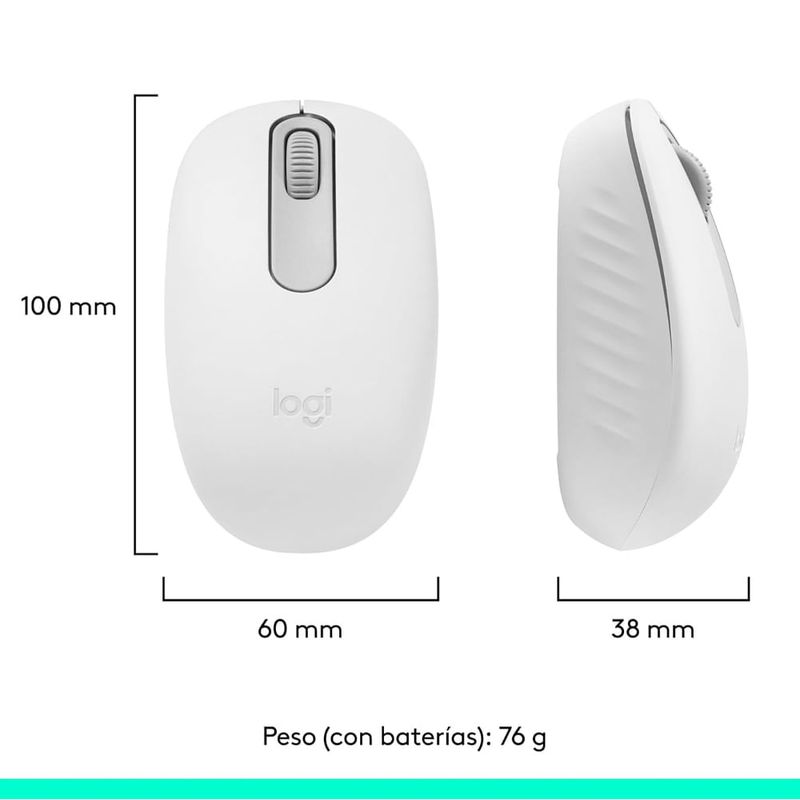 Mouse inalámbrico Logitech M196 Bluetooth 1000 dpi blanco vista comparativa dimensiones del producto