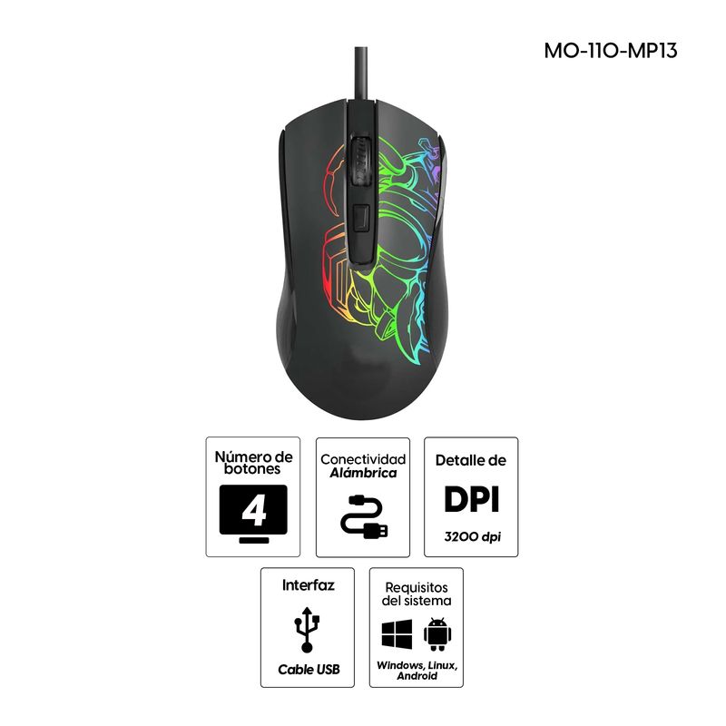 Mouse alámbrico Coolbox Teraware ergonómico negro con iluminación RGB especificaciones fondo blanco