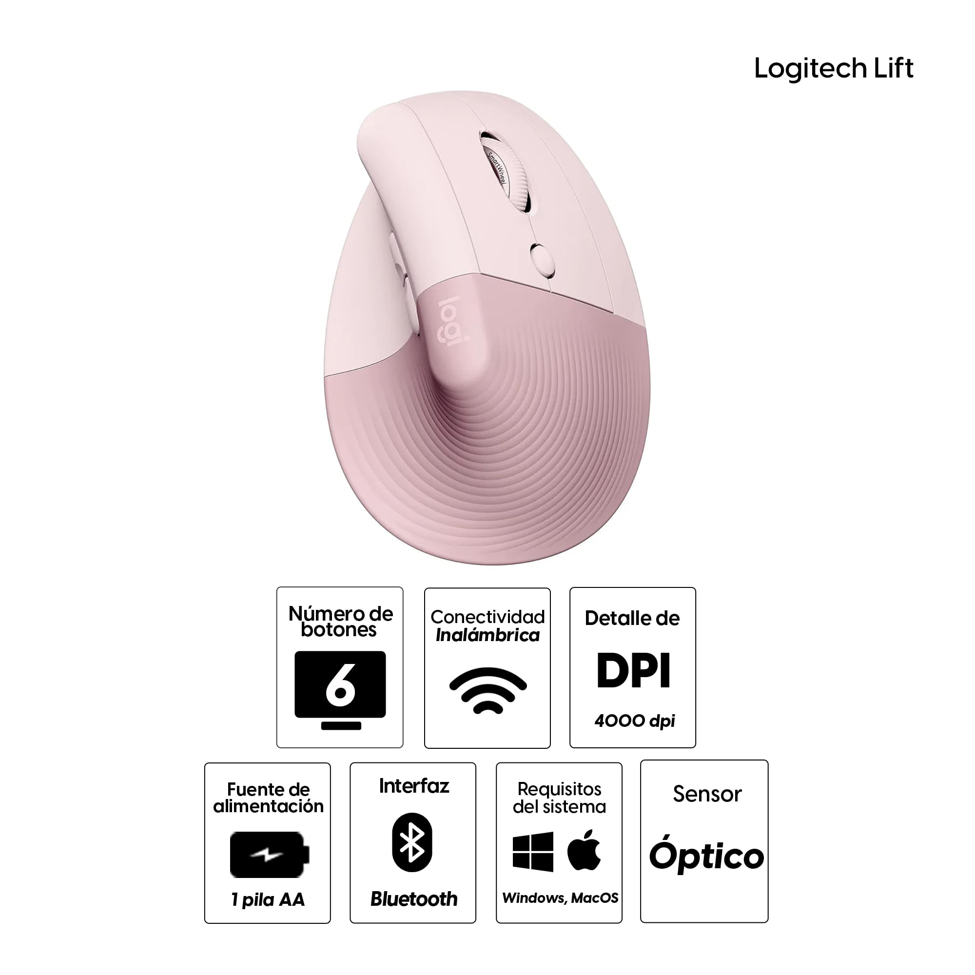 Mouse ergonómico Logitech Lift bt rosado - Coolbox