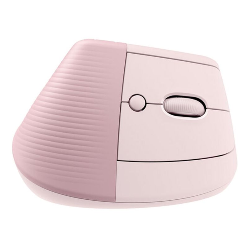 Mouse ergonómico vertical Logitech Lift, diseño vertical compacto, color rosado, vista superior lateral, sobre fondo blanco.