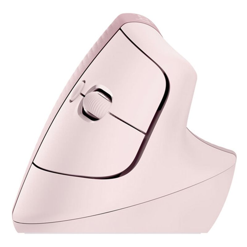 Mouse ergonómico vertical Logitech Lift, diseño vertical ergonómico con botones laterales, color rosado, vista lateral izquierda en ángulo, sobre fondo blanco.