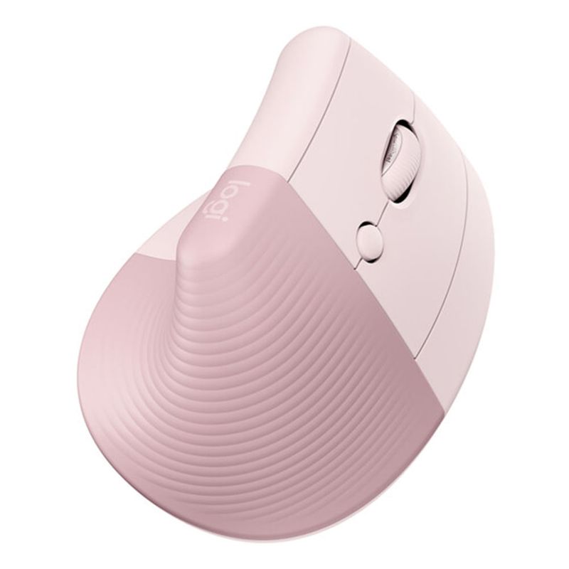 Mouse ergonómico vertical Logitech Lift, diseño vertical compacto, color rosado, vista posterior lateral en ángulo, sobre fondo blanco.
