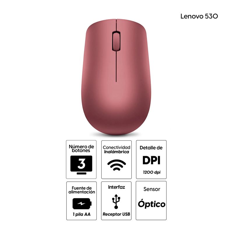 Mouse inalámbrico Lenovo 530 1200 DPI rojo vista frontal especificaciones destacadas
