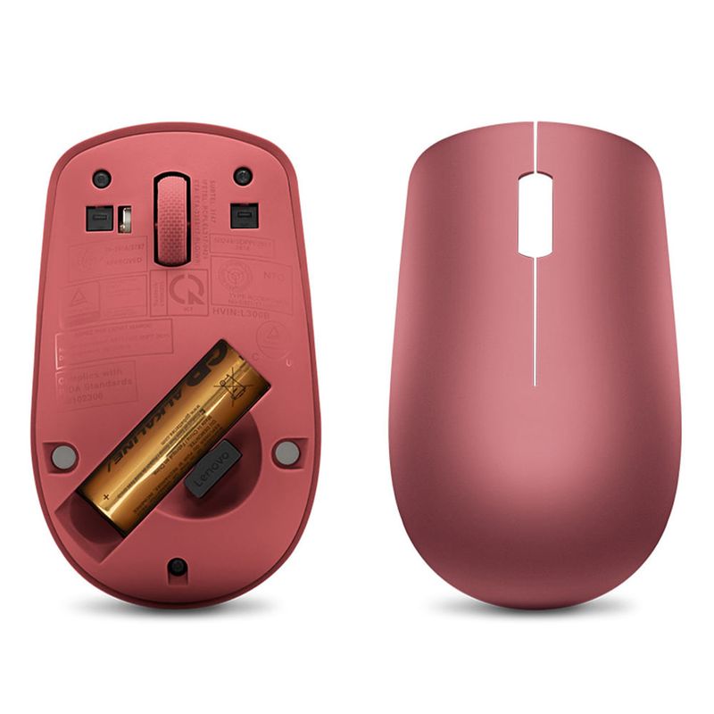 Mouse inalámbrico Lenovo 530 1200 DPI rojo vista inferior compartimento de batería y receptor USB 2.0