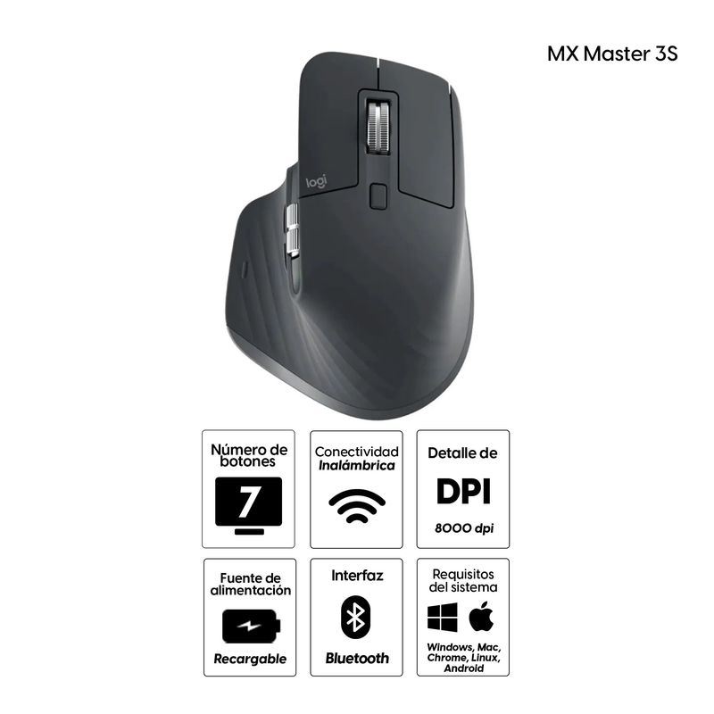 Mouse inalámbrico Logitech MX Master 3S Bluetooth 8000 dpi negro vista frontal especificaciones destacadas