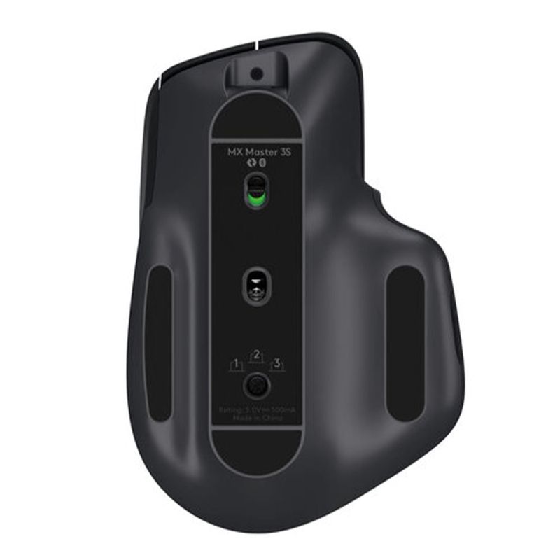 Mouse inalámbrico Logitech MX Master 3S Bluetooth 8000 dpi negro vista inferior sensor óptico y selector multidispositivo