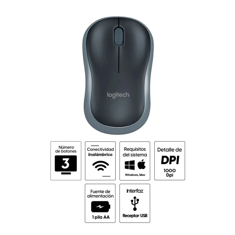 Mouse inalámbrico Logitech M185 receptor USB 1000 DPI 3 botones gris Especificaciones