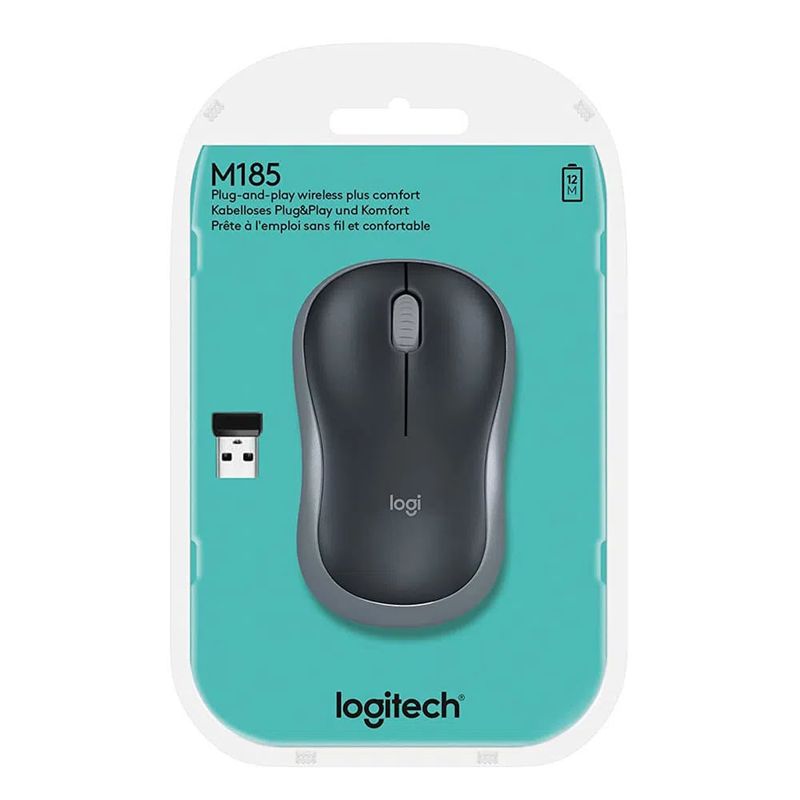Mouse inalámbrico Logitech M185 receptor USB 1000 DPI 3 botones gris Frontal con empaque