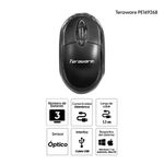 Mouse alámbrico Coolbox Teraware PE169268 conexión USB 800 DPI 3 botones color negro cenital con especificaciones técnicas y cable de 1.5 metros fondo blanco
