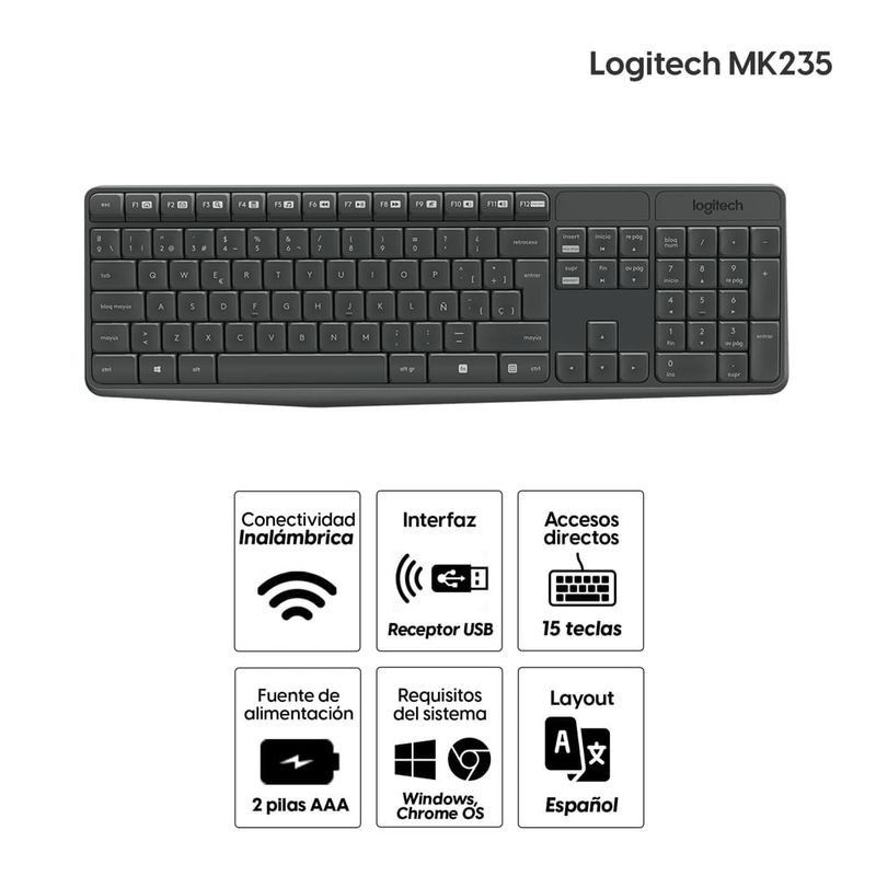 Combo inalámbrico Logitech MK235, teclado de tamaño completo con teclas de membrana y conectividad por receptor USB, color negro, vista superior, en gráfica informativa con especificaciones sobre fondo blanco