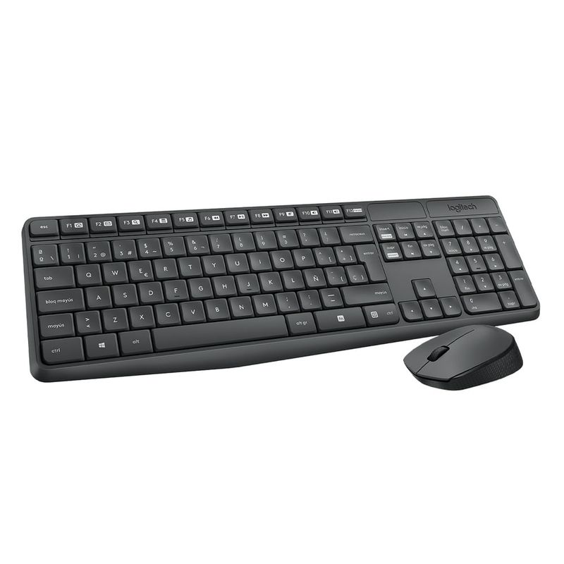 Combo inalámbrico Logitech MK235, teclado de tamaño completo y mouse compacto con receptor USB, color negro, vista frontal-oblicuo, sobre fondo blanco