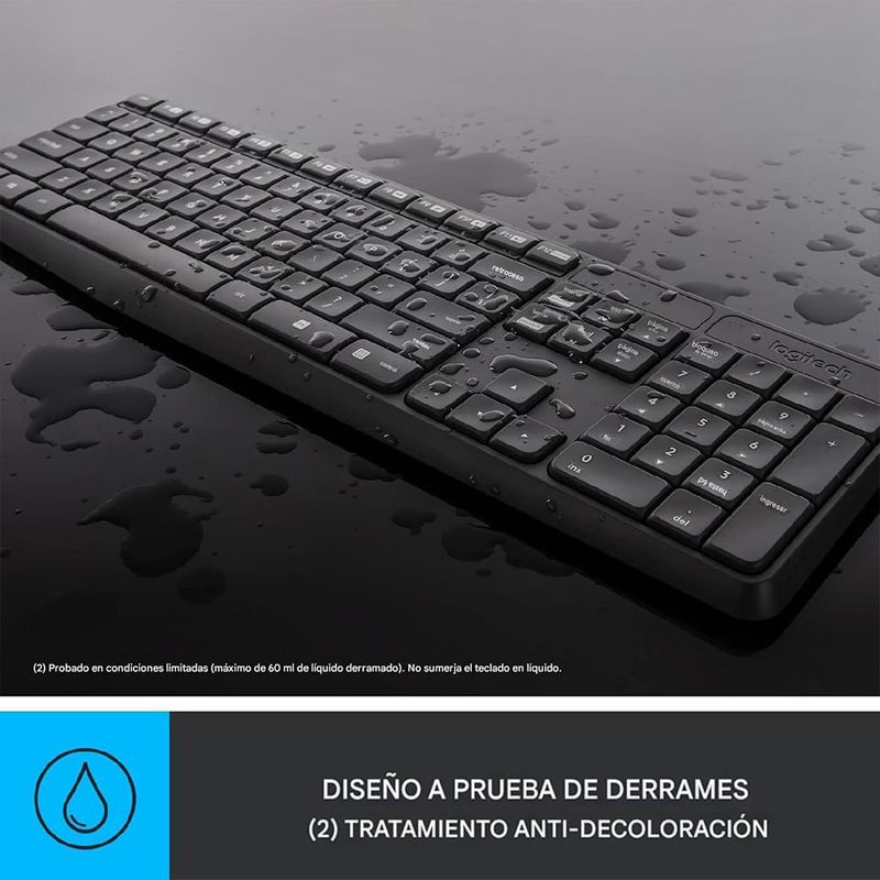 Teclado del combo inalámbrico Logitech MK235, diseño resistente a salpicaduras con teclas de membrana, color negro, vista frontal-oblicuo, en gráfica demostrativa sobre fondo oscuro
