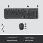 Combo inalámbrico Logitech MK235, teclado de tamaño completo y mouse compacto con receptor USB, color negro, vista superior, en gráfica informativa con accesorios y especificaciones sobre fondo blanco