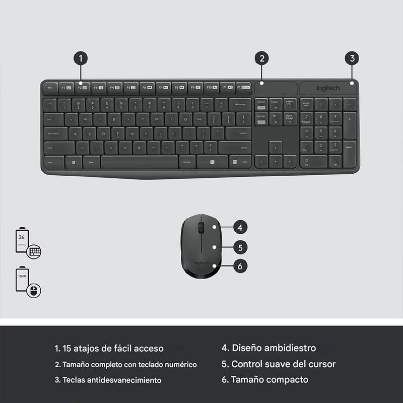 Combo inalámbrico Logitech MK235, teclado de tamaño completo y mouse compacto con receptor USB, color negro, vista superior, en gráfica informativa con accesorios y especificaciones sobre fondo blanco