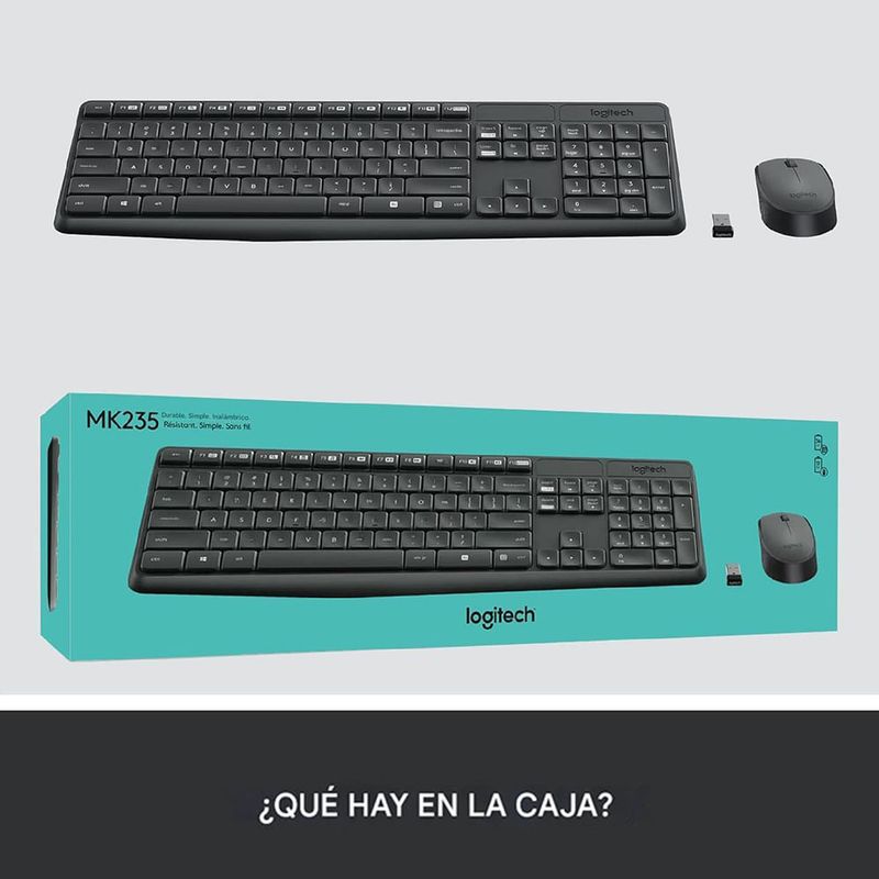 Combo inalámbrico Logitech MK235, teclado de tamaño completo y mouse compacto con receptor USB, color negro, vista superior, en gráfica demostrativa de resistencia a salpicaduras sobre fondo turquesa