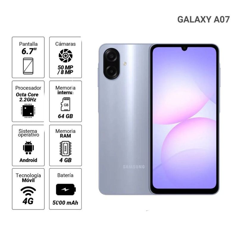 Celular Samsung Galaxy A07 64GB, 4GB RAM