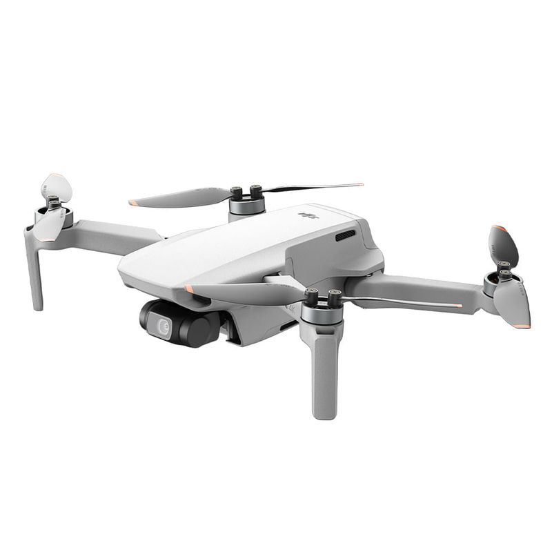 Drone DJI Mini 4K Fly More Combo gris con cámara de 12MP y grabación 4K con sensores de detección y diseño de brazos articulados vista lateral en perspectiva fondo blanco