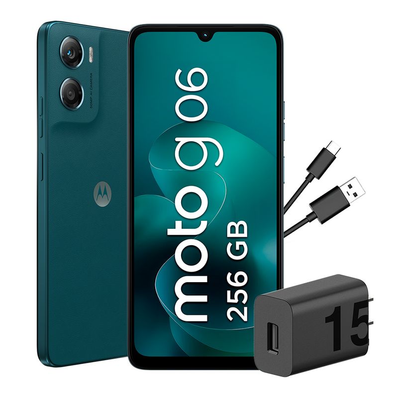 Celular Motorola moto g06 cámara 50MP azul vista frontal con cargador y cable incluido