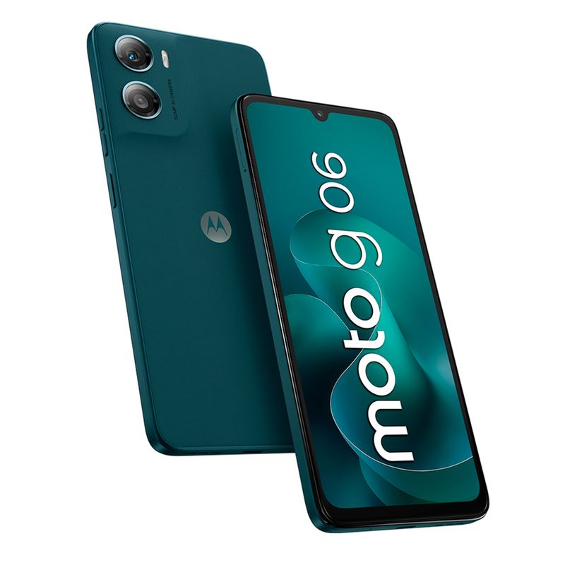 Celular Motorola moto g06 azul vista frontal y posterior en ángulo