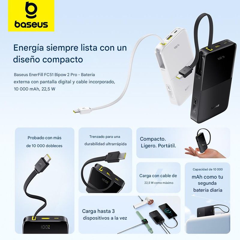Batería externa Baseus Bipow 2 Pro 10000 mAh Negro Especificaciones características de cable integrado y carga rápida 22.5W