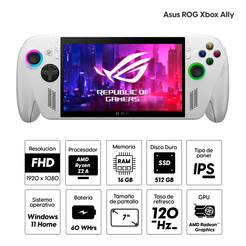 Consola portátil Asus ROG Ally 2025 blanca con pantalla de 7" 120Hz, procesador AMD Ryzen Z2, 16GB RAM y 512GB SSD frontal con iconos de especificaciones técnicas fondo blanco