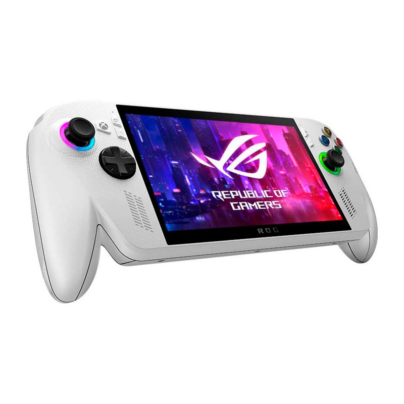 Consola portátil Asus ROG Ally 2025 blanca con pantalla de 7" 120Hz, procesador AMD Ryzen Z2, 16GB RAM y 512GB SSD frontal oblicua fondo blanco