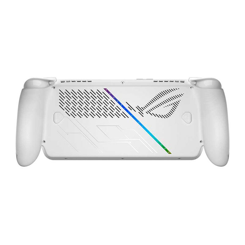 Consola portátil Asus ROG Ally 2025 blanca con pantalla de 7" 120Hz, procesador AMD Ryzen Z2, 16GB RAM y 512GB SSD posterior fondo blanco