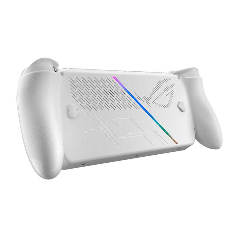 Consola portátil Asus ROG Ally 2025 blanca con pantalla de 7" 120Hz, procesador AMD Ryzen Z2, 16GB RAM y 512GB SSD posterior oblicua fondo blanco