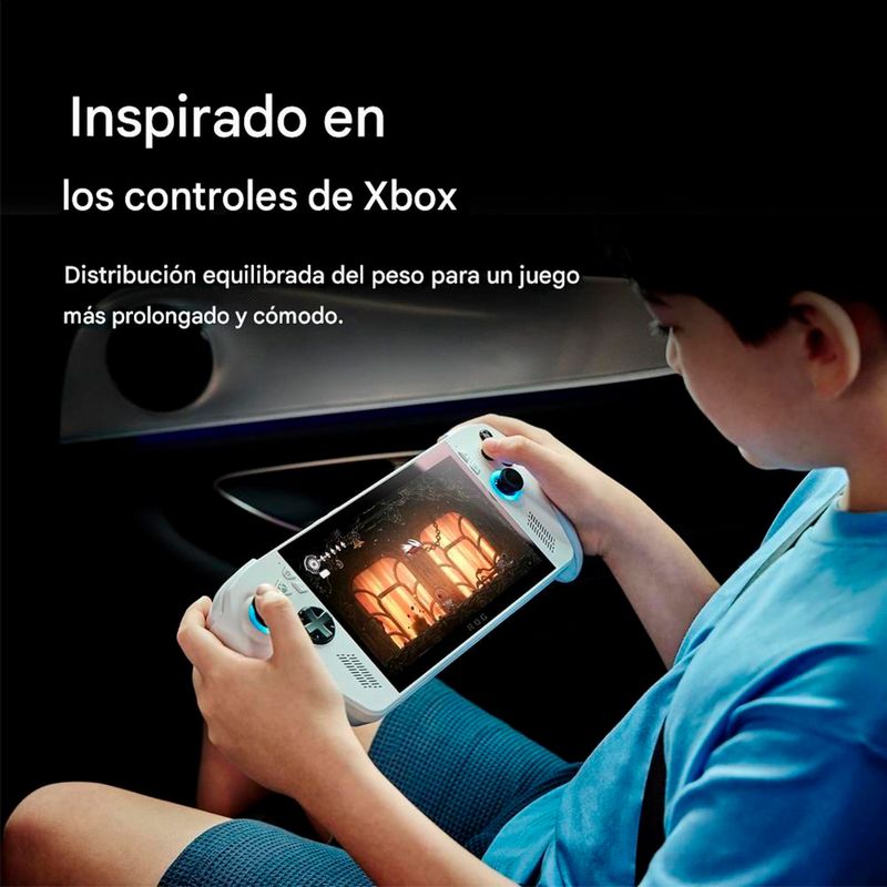 Consola portátil Asus ROG Ally 2025 blanca con pantalla de 7" 120Hz, procesador AMD Ryzen Z2, 16GB RAM y 512GB SSD banner informativo sobre diseño inspirado en controles de Xbox con usuario jugando fondo negro