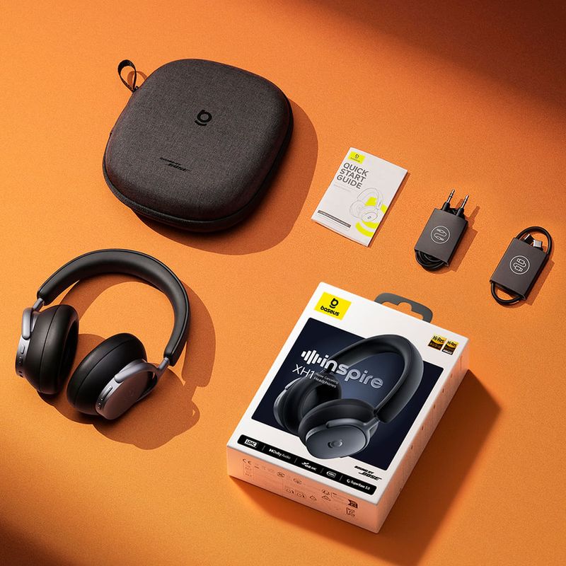 Audífonos bluetooth On Ear Baseus XH1 Noise, resistencia al agua, negro, vista superior contenido de la caja